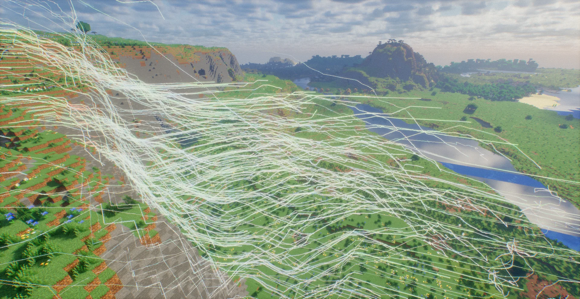 Streamlines pouring down a slope and stretching along a river valley
