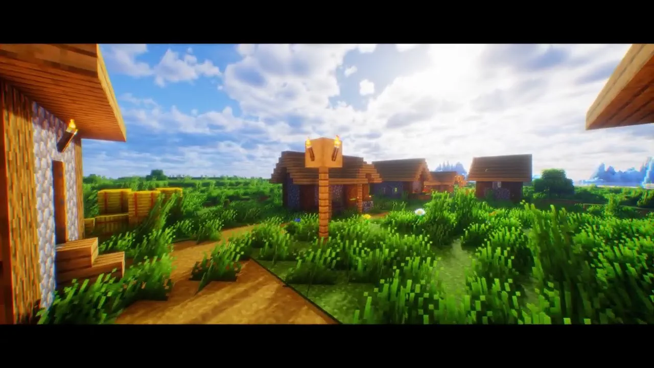 A village path between houses with grass moving on either side