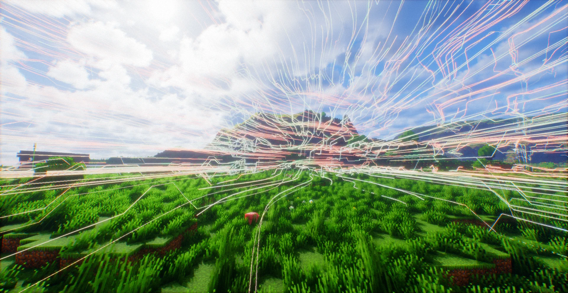 Streamlines converging over a rise, seen from the grass below