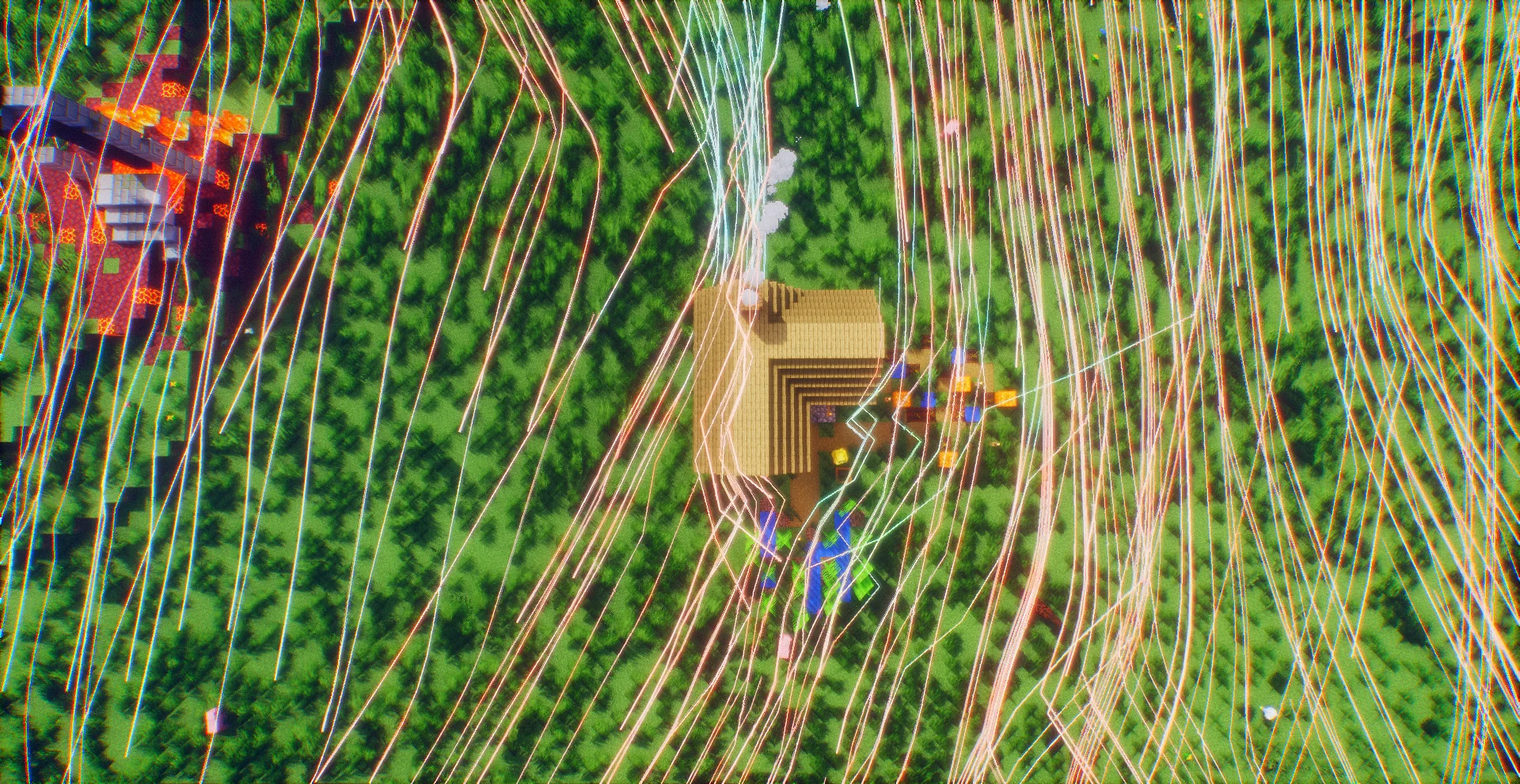 Looking down on a house with the visualizer's streamlines parting around it and closing again behind
