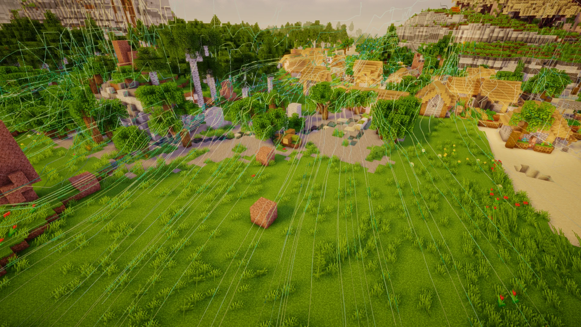 A village seen from a grass field with the wind visualizer running, streamlines combing down the slope and threading between the houses